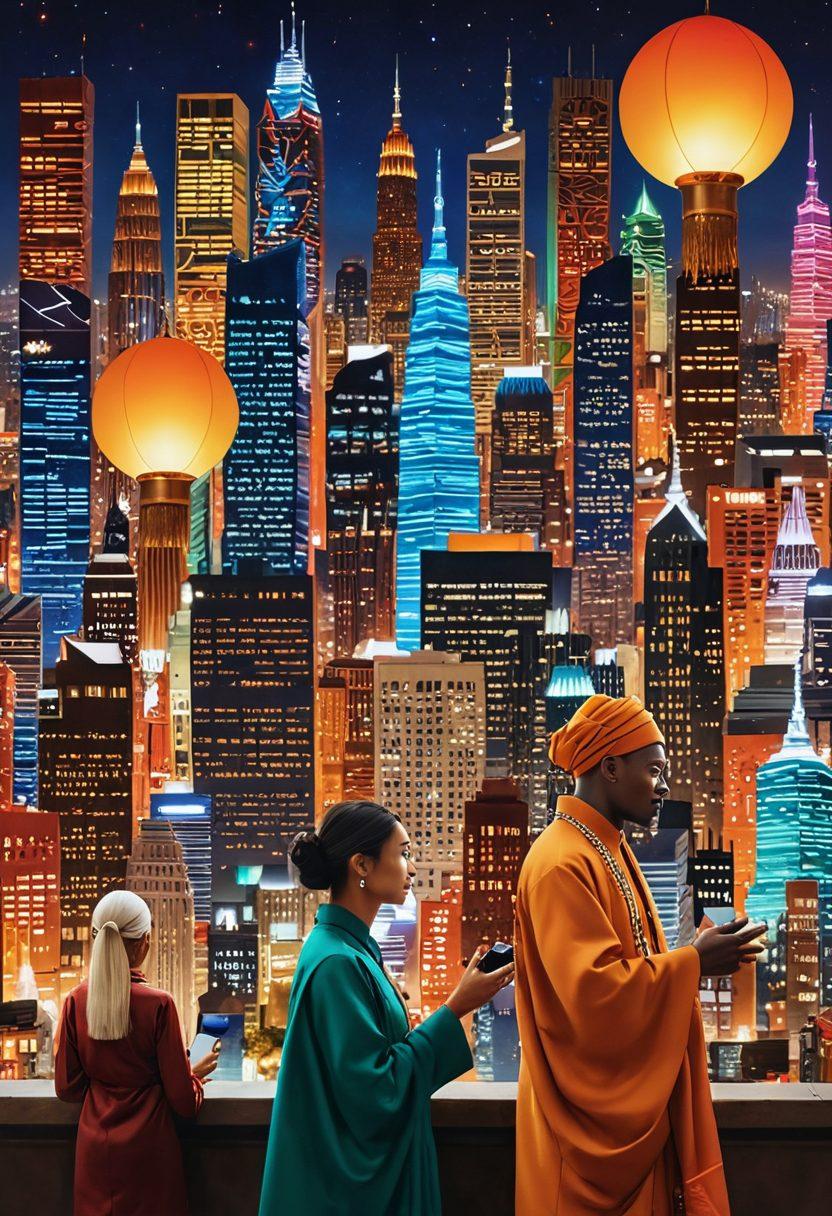 A vibrant collage depicting diverse cultural elements, featuring a city skyline blended with traditional attire from various cultures, symbols of modern trends like technology and social media icons, and people engaged in conversation. The background showcases a gradient that transitions from rich, earthy tones to bright, futuristic lights, signifying the merging of past and present lifestyles. super-realistic. vibrant colors. dynamic composition.