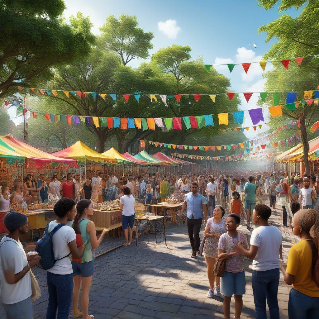 A lively community gathering showcasing diverse individuals sharing thoughts and enjoying entertainment, set in an urban park with colorful banners and food stalls. Include elements representing various forms of entertainment like music, art, and games, while capturing joyful interactions and discussions among participants. The atmosphere should be vibrant and inviting, emphasizing a sense of unity and engagement. super-realistic. vibrant colors. 3D.